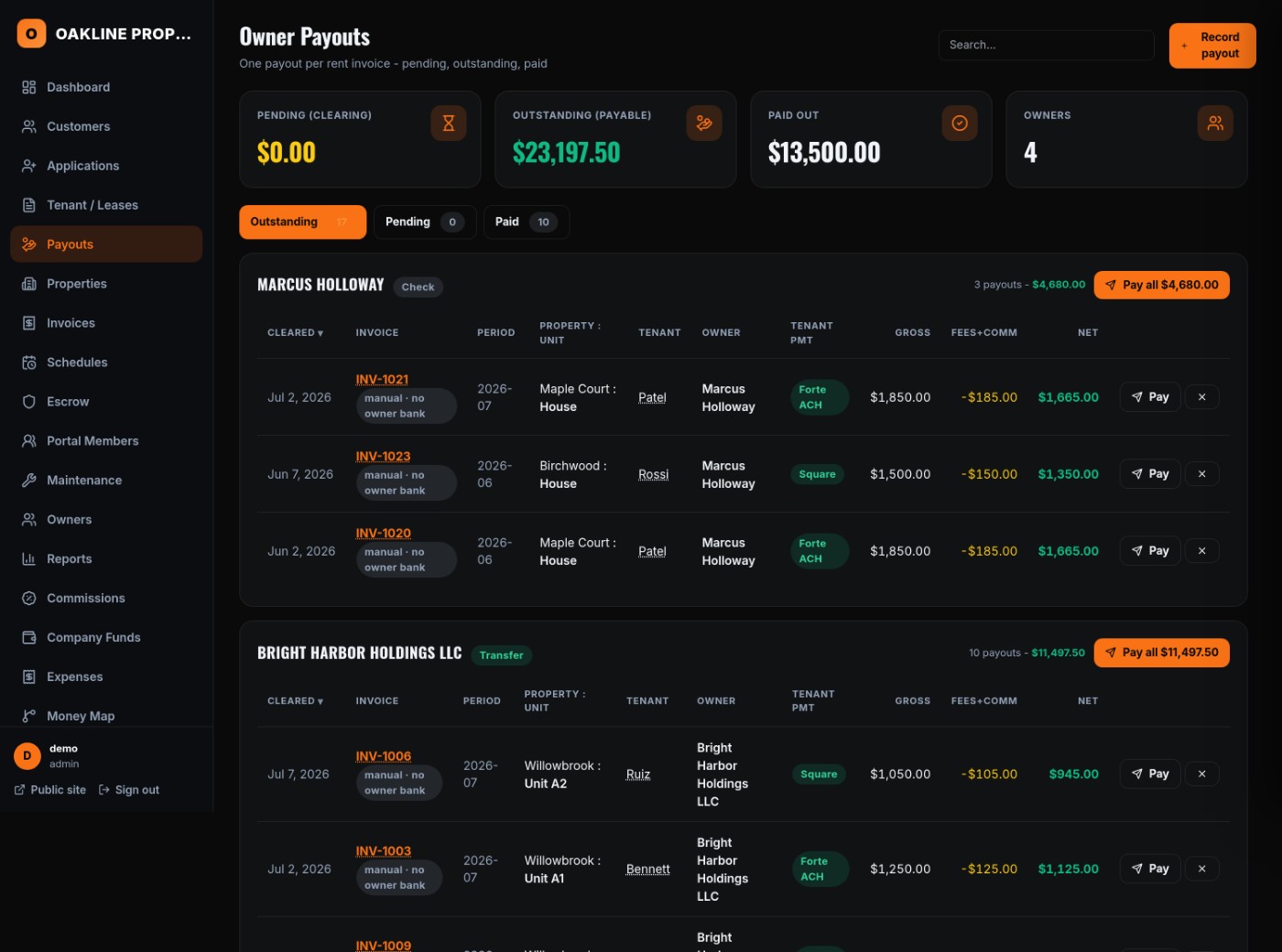 Owner payouts screen with pending and paid disbursements