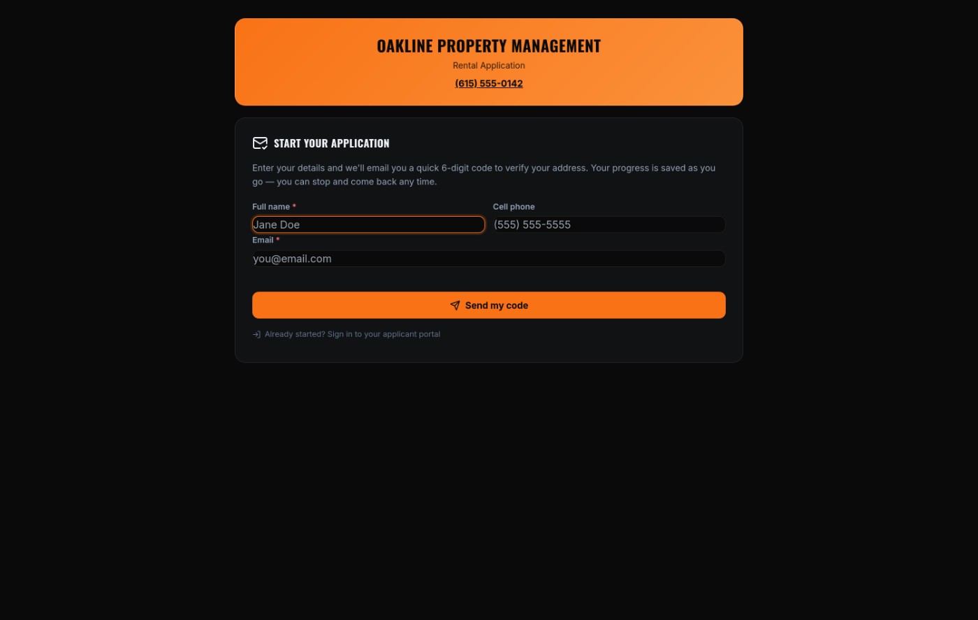 Branded public rental application page where prospective residents apply online