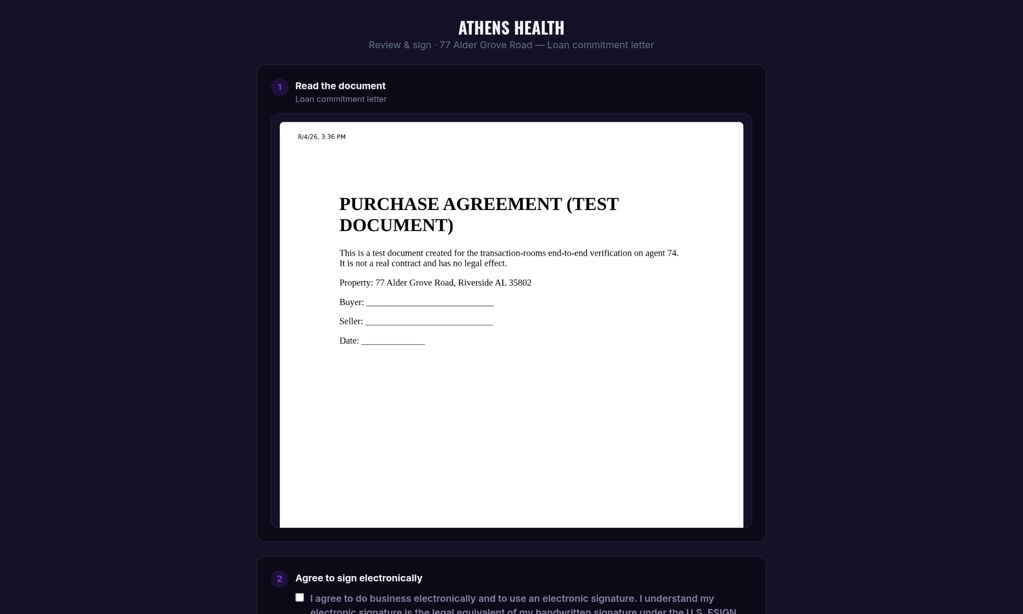 The signer's view: read the document, agree to sign electronically, draw a signature, submit — no account required